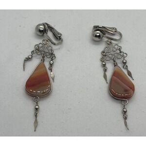 Vintage Agate Dangle Earring In Silver Tone Clipon Boho Woodsy Style